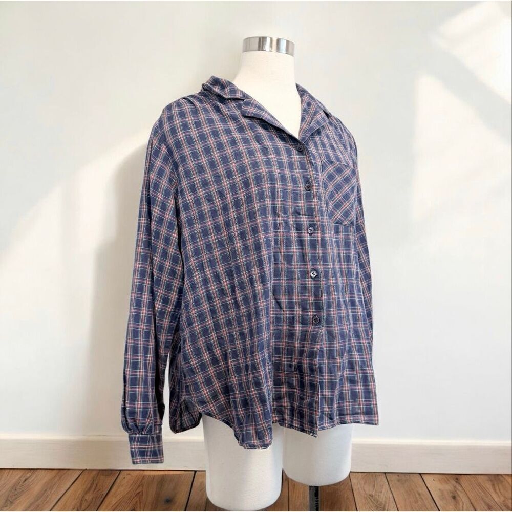 Vintage Laura Mae Blue Plaid Button Down Shirt Large Western Checkered